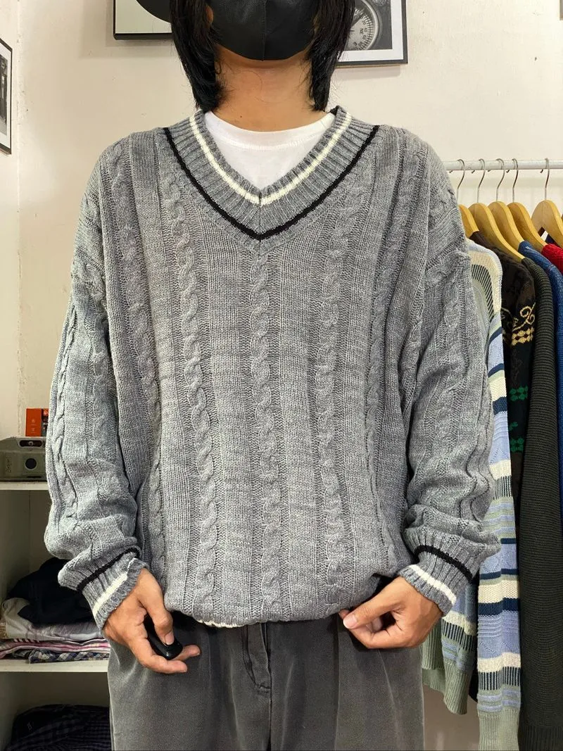Knitwear Cable v neck academia gray Attention photo 1