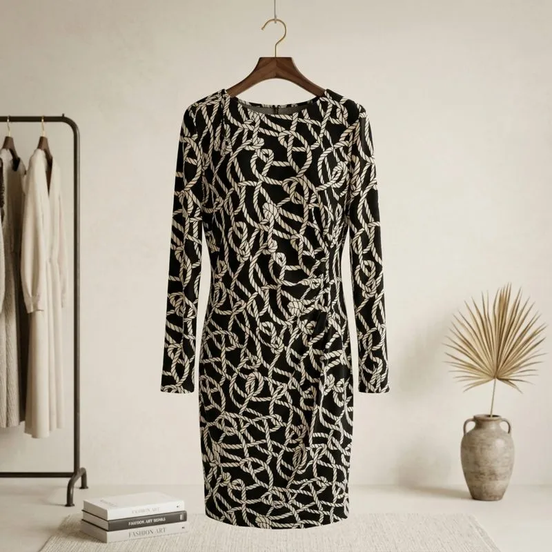 Dress Wanita Lengan Panjang Motif Tali Hitam Putih Elegan photo 1