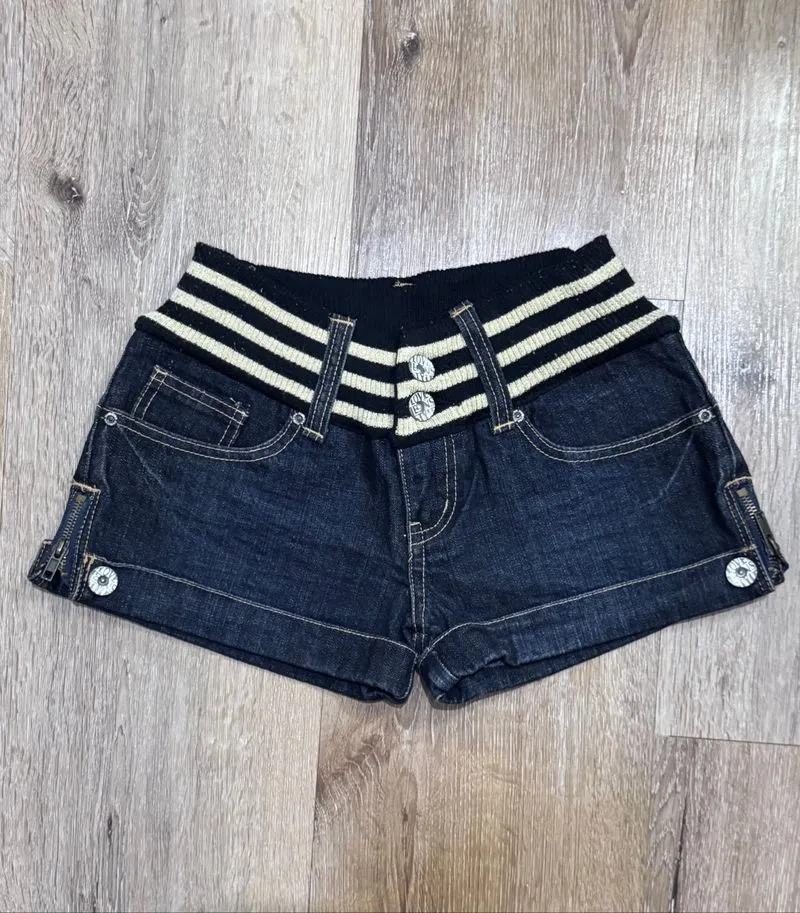 ♡✧ Plaid Stripe-Side Denim Shorts photo 1
