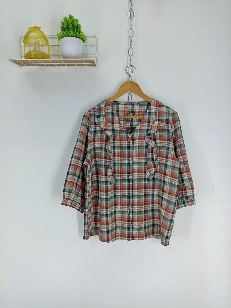 KEMEJA RUFFLE KOTAK-KOTAK KOREAN BRAND photo 1