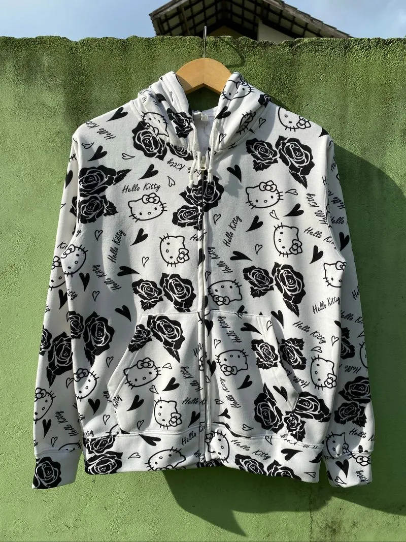 Hello Kitty Japan All Over Print Zip Hoodie Black White Y2K photo 1
