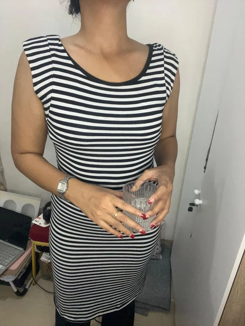 Dress bodycon dress wanita motif salur photo 1