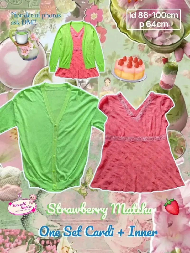 (🍊strawberry matcha outfit oneset pink green coquette fairy photo 1