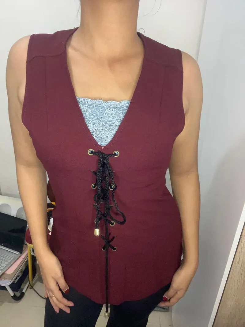 Atasan wanita blouse wanita model V warna burgundy photo 1