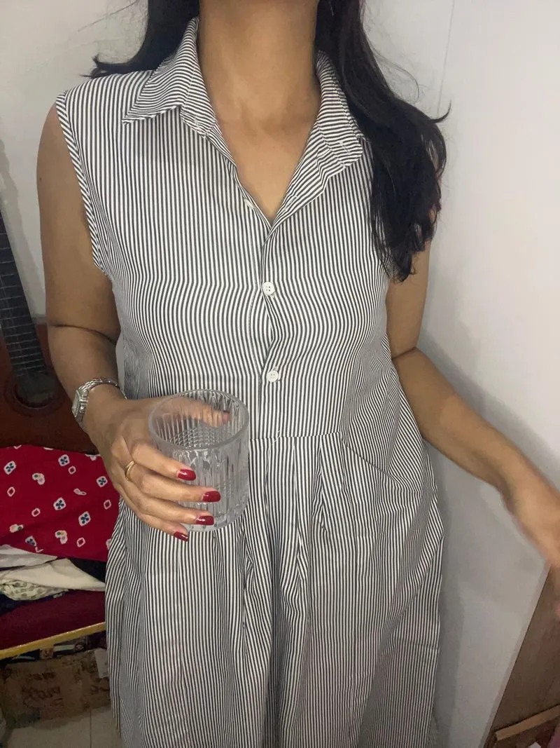 Midi dress wanita dress salur warna grey photo 1