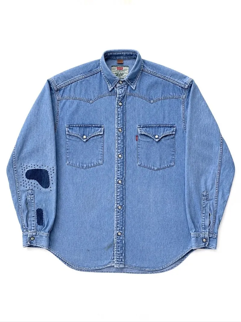 repaired sashiko patchwork levi’s 1990s western shirt photo 1