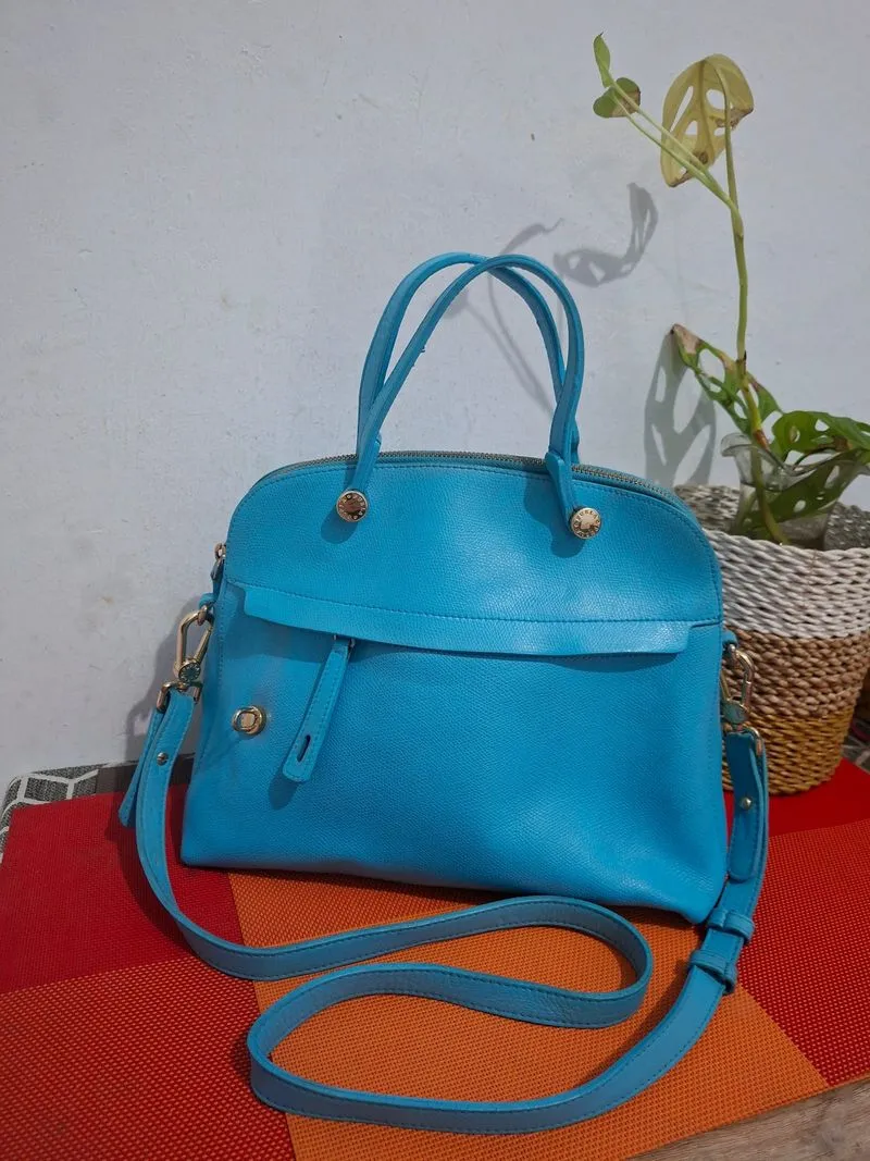 FURLA PIPER DOME SATCHEL BLUE LEATHER BAG PRELOVED SECOND photo 1