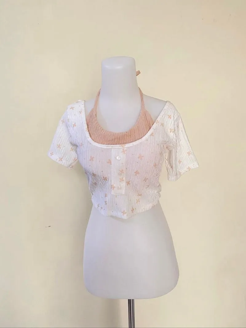 Korean Soft Girl Crop Top Layered photo 1