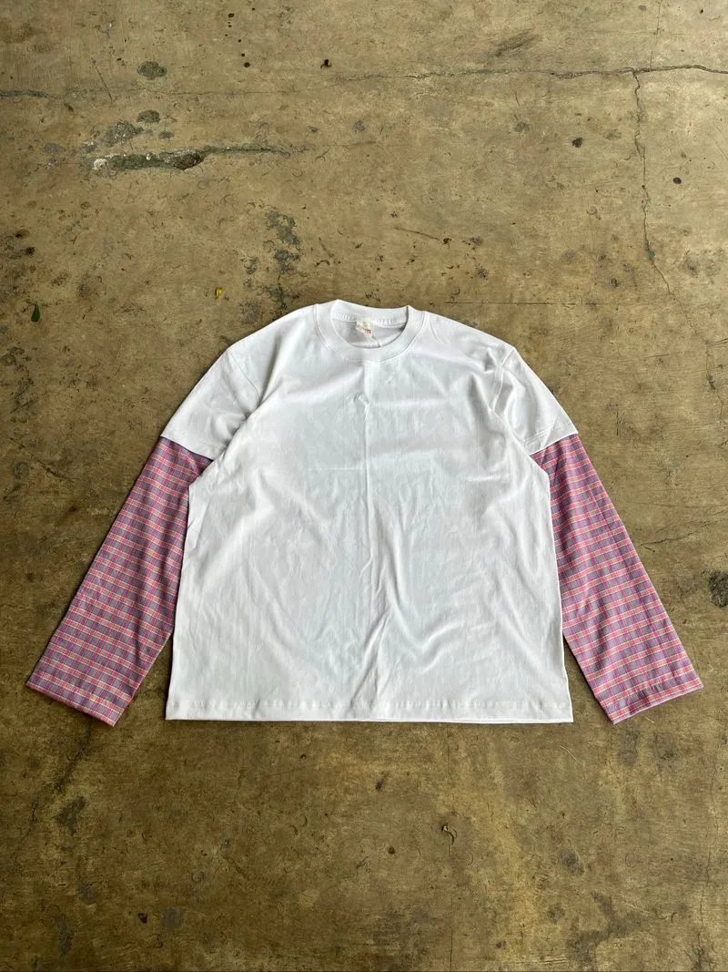 Leyered White Tshirt Tartan Pink / Kaos Polos Putih photo 1