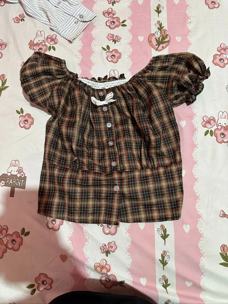 Retro Tartan Sabrina Crop Top with Button Up and Bow Detail⁠ photo 1