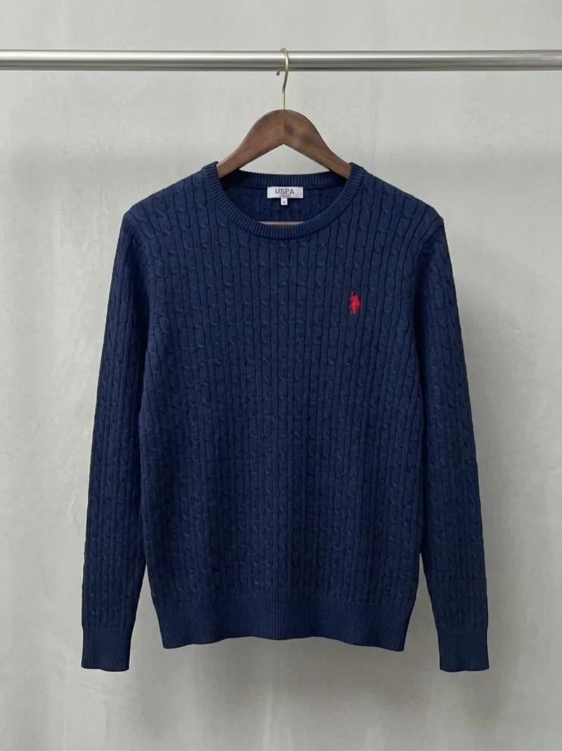 Sweater Polo USPA Cableknit Rajut Pria Full Kepang Navy photo 1