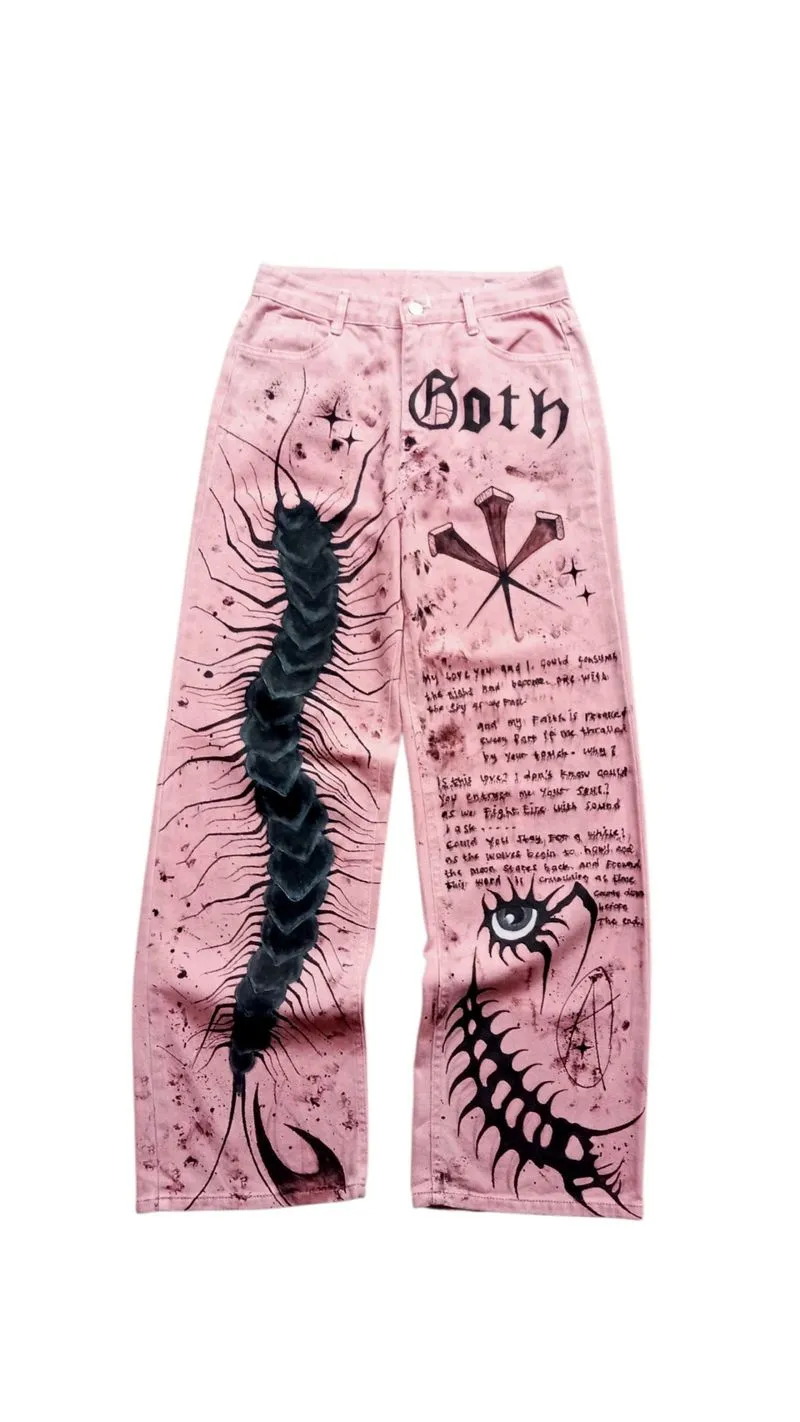 Celana Jeans Baggy Pink Goth Centipede Denim Pants unisex photo 1