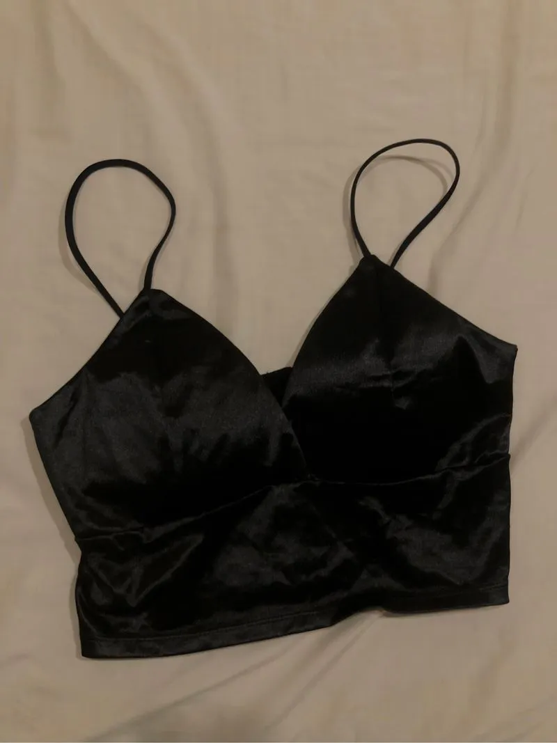 black satin v neck tank top photo 1
