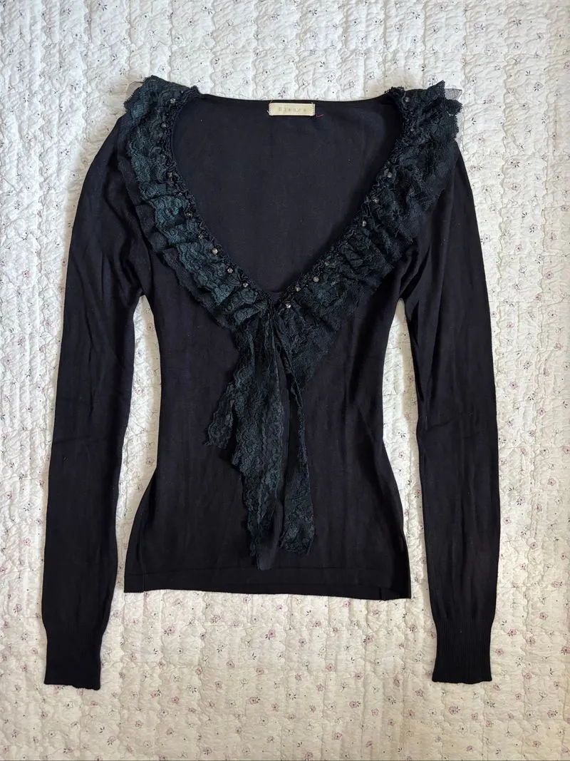 vneck lace ruffle knit top photo 1