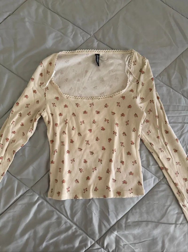 Beige Floral H&M ribbed cotton jersey top photo 1