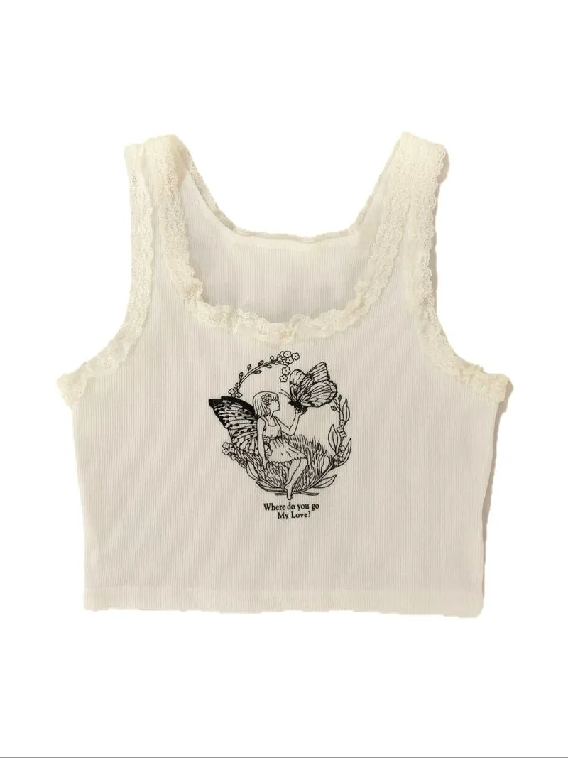 graphic print lace trim tank top photo 1