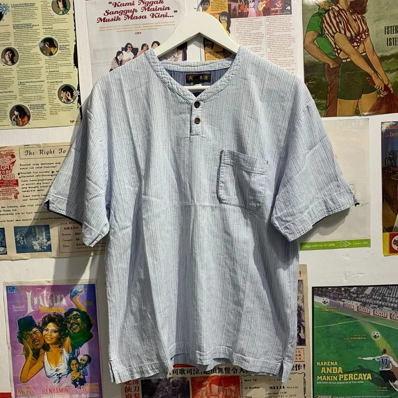 kemeja kurta kasual pria berkerah sanghai motif garis photo 1
