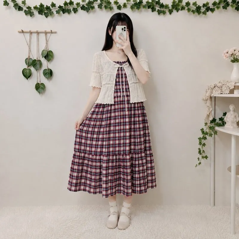 One Set Japanese Soft Girl Plaid Dress +Cream Knit Top Kawai photo 1