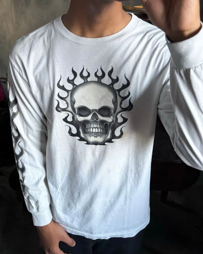 Vintage Tee Skull Y2k Fire Spellout photo 1