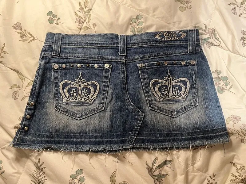 Le Lotus Bleu Denim Studded Mini Skirt Y2K Crown Detail photo 1