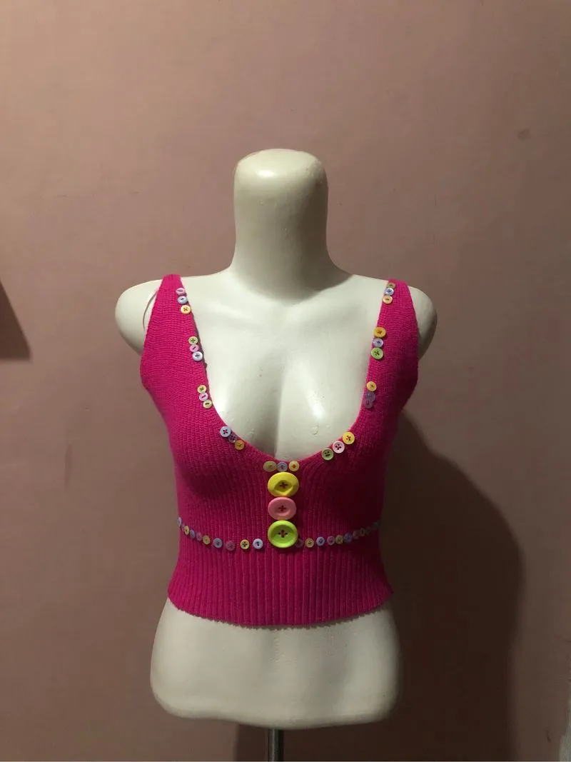 young hungry free reworked buttons knit fuschia cami top photo 1