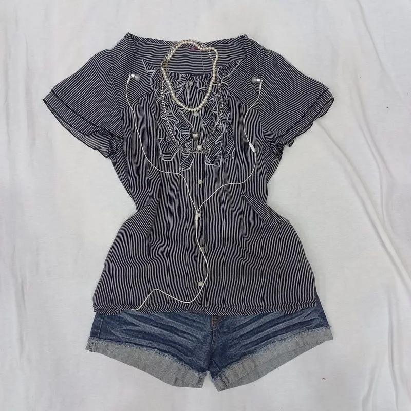 Y2K Office Siren Pinstripe Ruffle Blouse Cap Sleeve Top

 photo 1