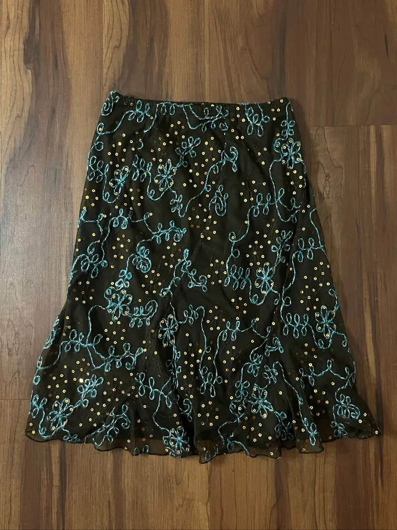 vintage beaded brown & teal midi skirt photo 1