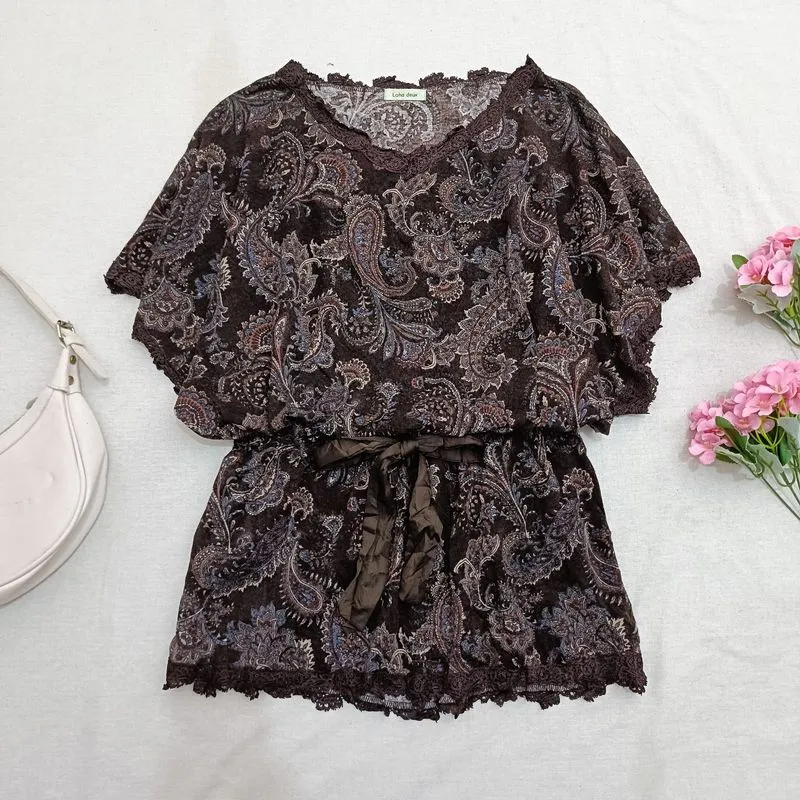 Loha Deux Paisley Batwing Lace Top Mori Kei Coquette Brown photo 1