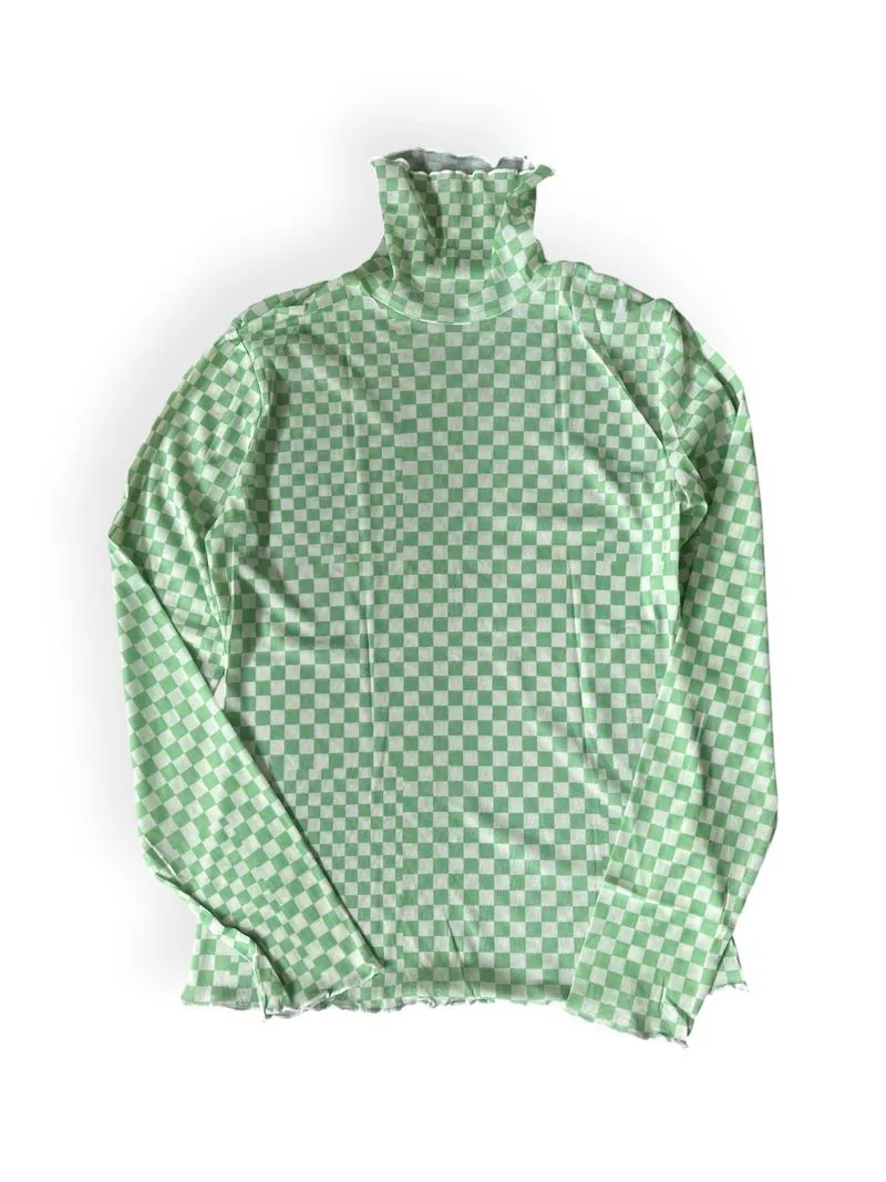 Green Check-print Mesh Top photo 1
