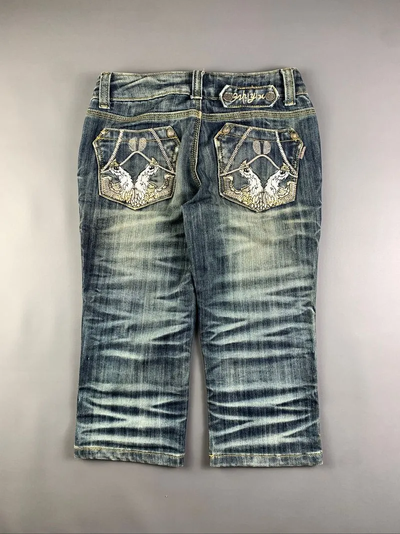 QYZY Washed Blue Embroidery Chicks Capri Jeans Shorts (26) photo 1