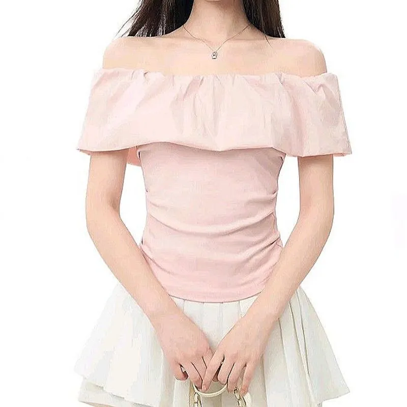 off shoulder wanita elegan girly korea merah muda photo 1
