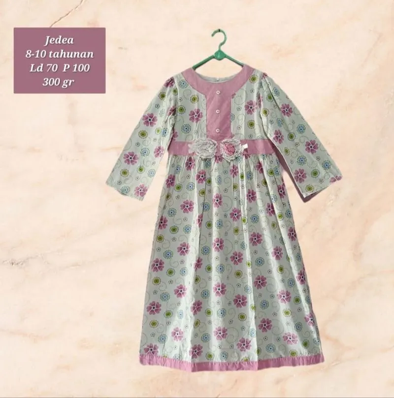 Jedea gamis putih motif pink anak perempuan 8-10 tahunan  photo 1
