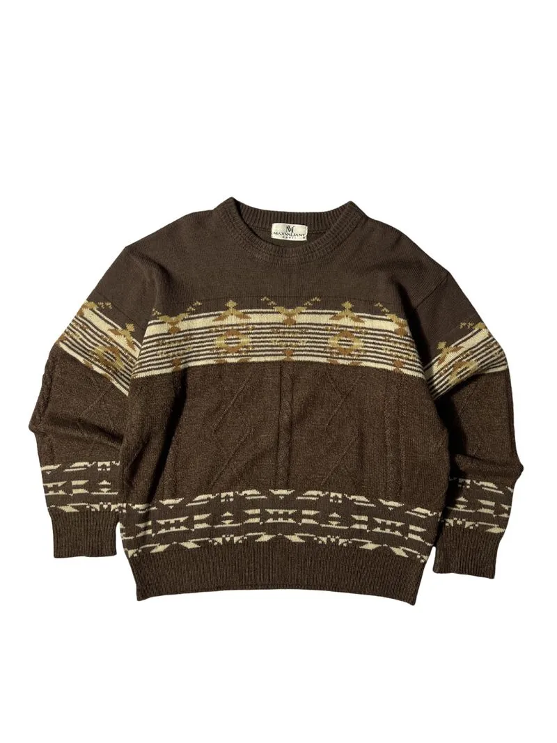 Vintage Geometric Pattern Knit Sweater - Earthy Brown photo 1
