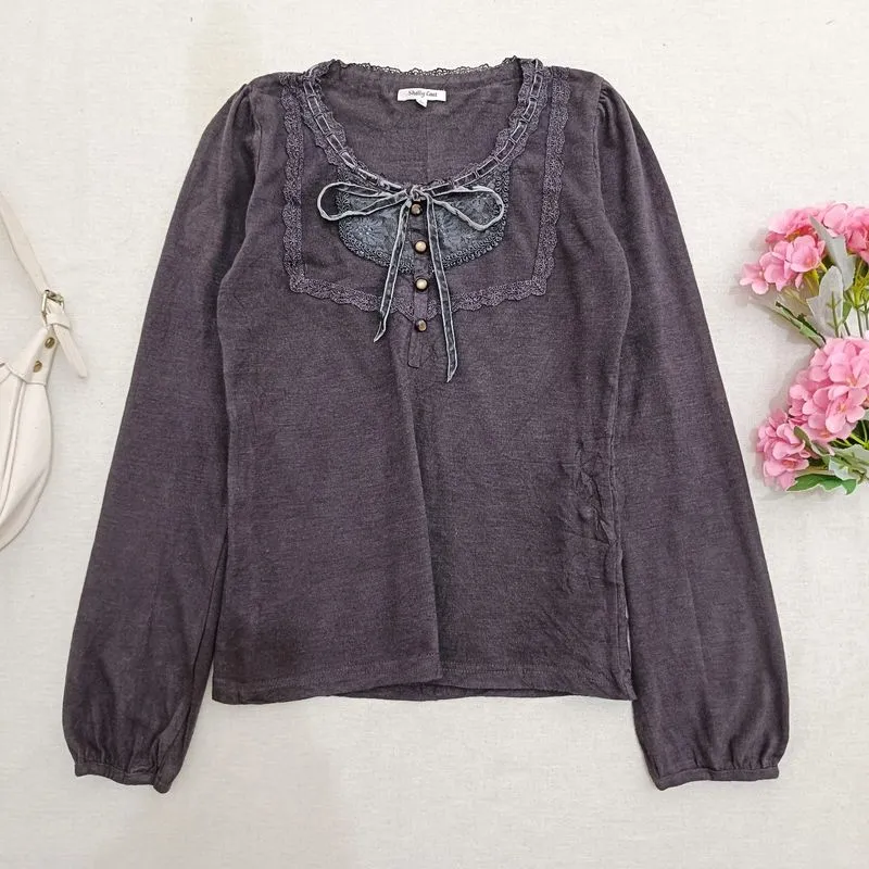 Shelly Coat Mori Kei Lace Ribbon Top Vintage Jepang photo 1