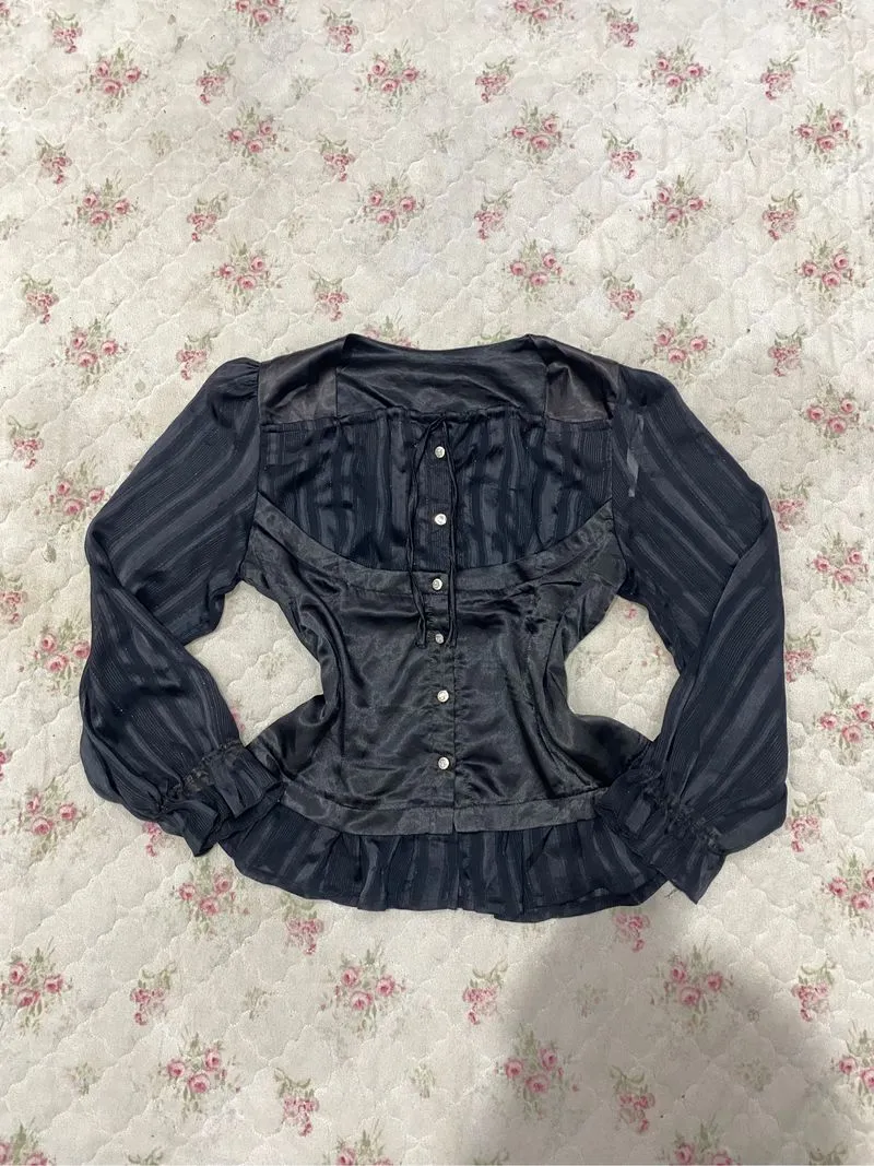Blouse milkmaid black gothic grunge casual stripe vintage photo 1