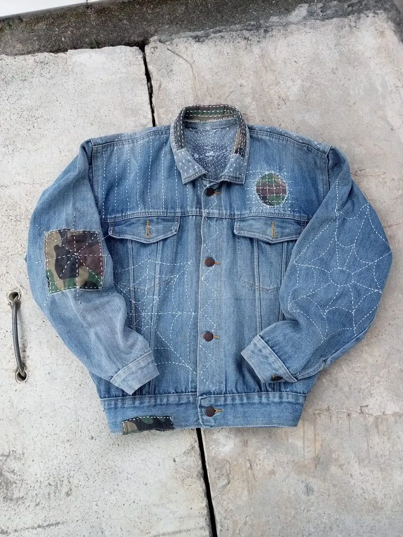 trucker jacket denim sashiko patchwork embordery rework photo 1