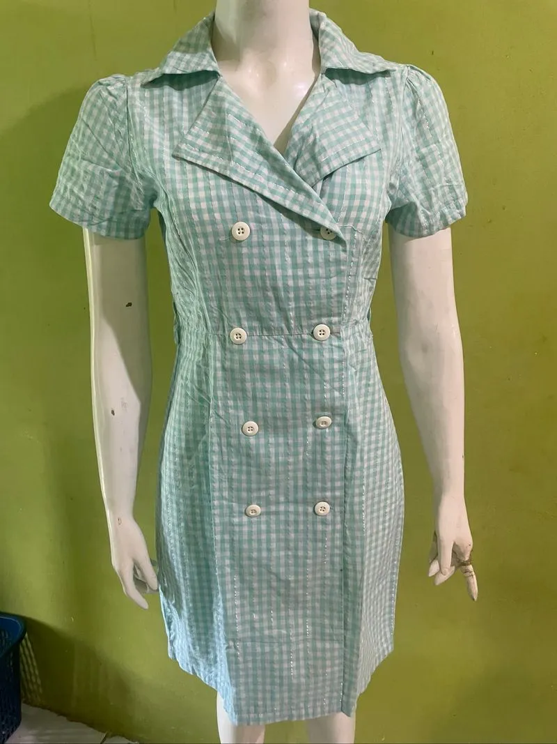 Gaun Mini Blazer Katun Kotak-kotak Hijau Gaya Korea photo 1
