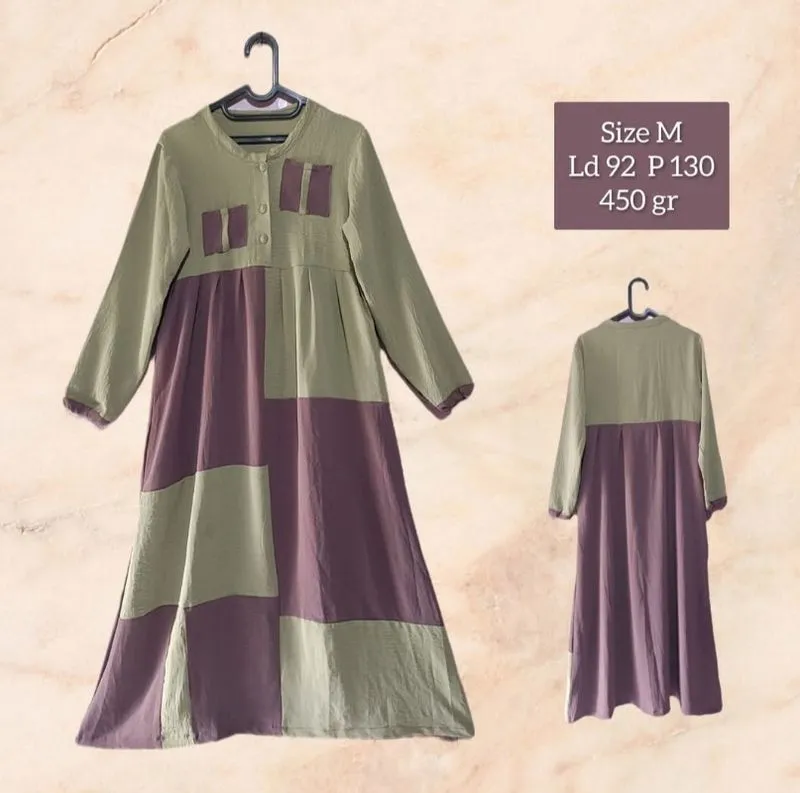 Gamis crincle 2 tone hijau sage & ungu size M  photo 1