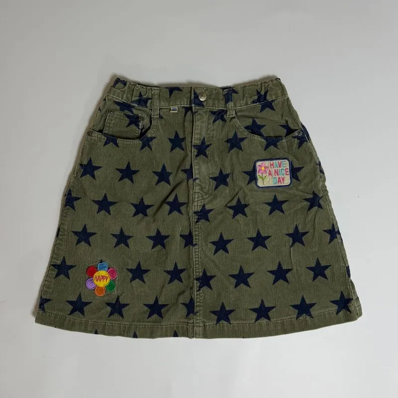 Angel Blue Japan Olive Corduroy Star Pattern Patch Skirt photo 1