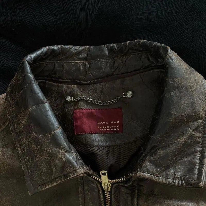 ZARA Vintage Biker Leather jacket Pria brown photo 1
