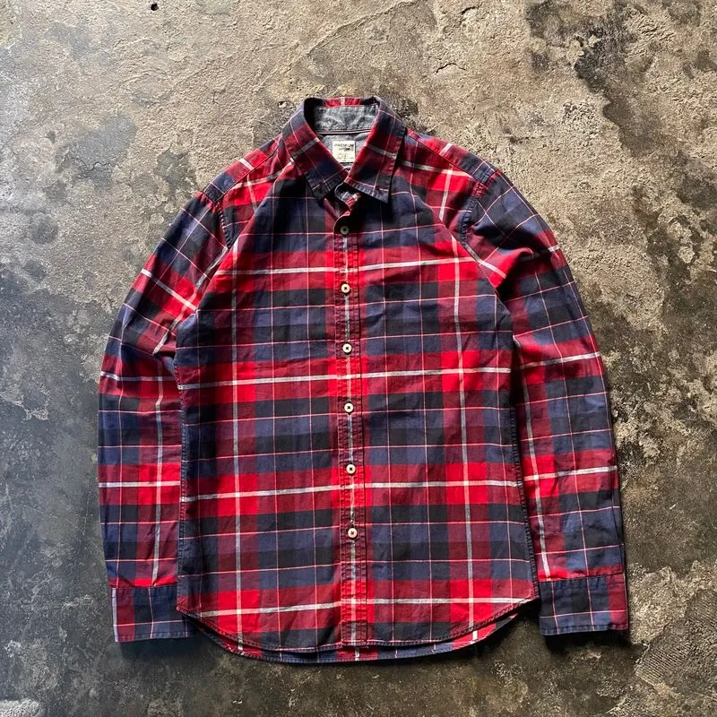 Polham Tartan Plaid Long Sleeve Shirt Navy Red photo 1