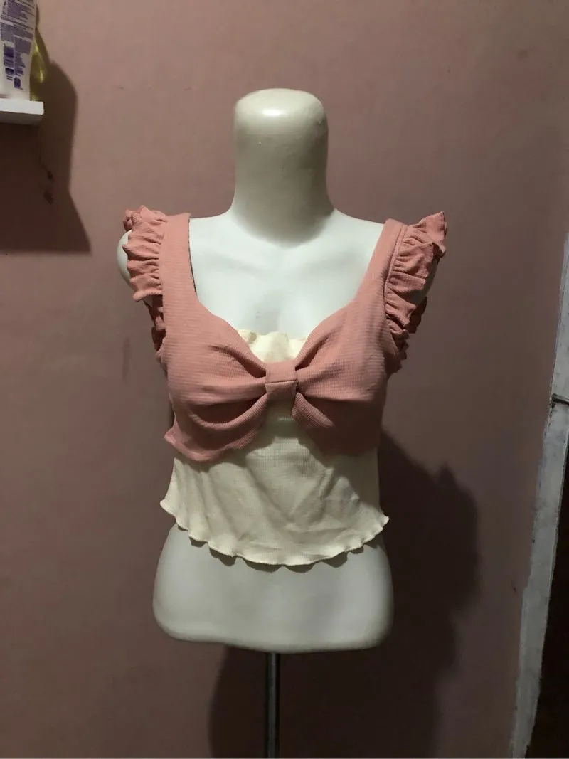like a doll crop top ribbon pink pastel layered ruffle korea photo 1