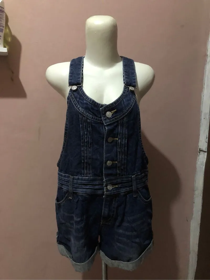 retro y2k overall jeans short pants front buttons  photo 1