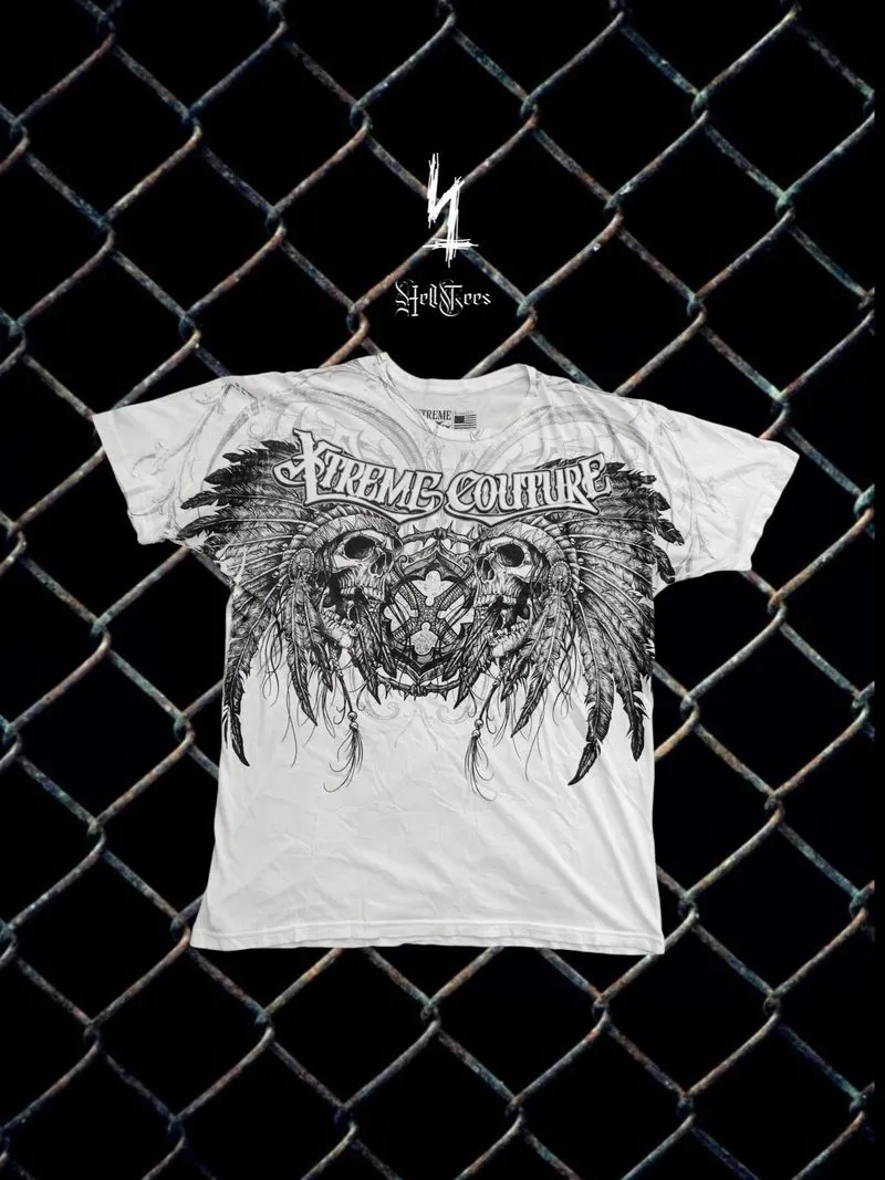 ⚜️ Y2K XTREME COUTURE "Twin Indian Skull" AOP Grunge Graphic photo 1