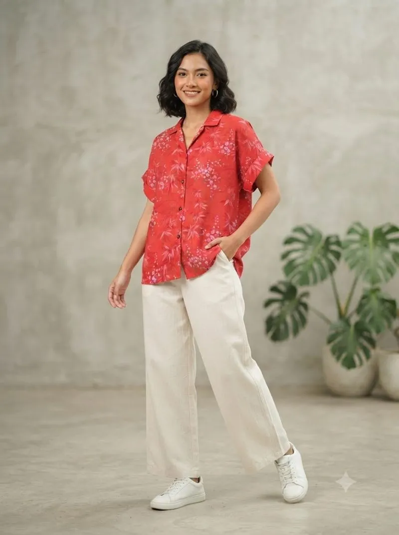Kemeja pendek corak merah photo 1