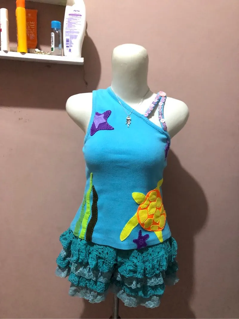pomelo asymmetrical reworked patchwork buttons blue ocean beach ribbed tank top summer beach top  photo 1
