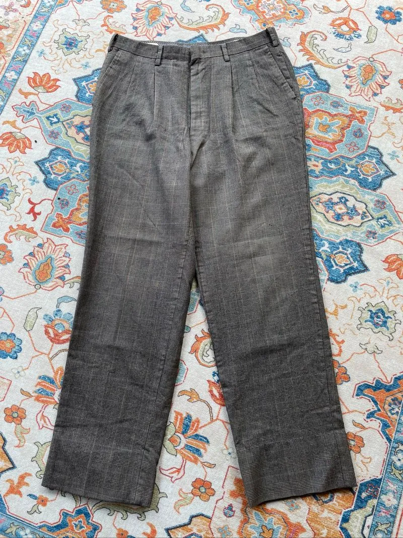 Japanese tailored double pleated trousers tartan brown wool photo 1