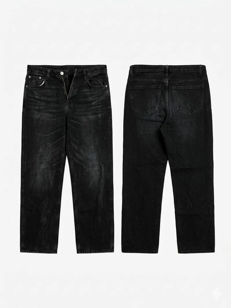 VINTAGE WASHED BLACK DENIM JEANS – Faded Grunge Straight Leg photo 1