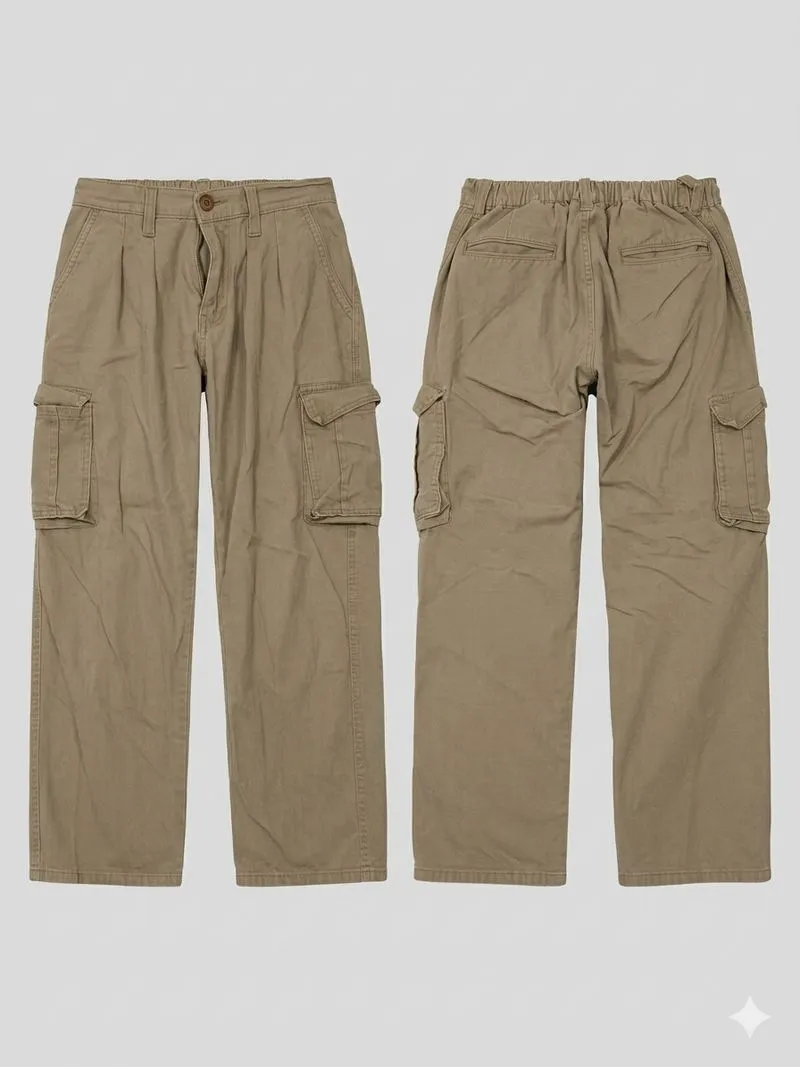 UNTCKD PLEATED CARGO PANTS – Khaki Tan Relaxed Fit (Size 2) photo 1