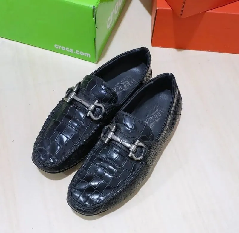 Salvatore Ferragamo Mens Black Leather Croc Alligator Loafer photo 1